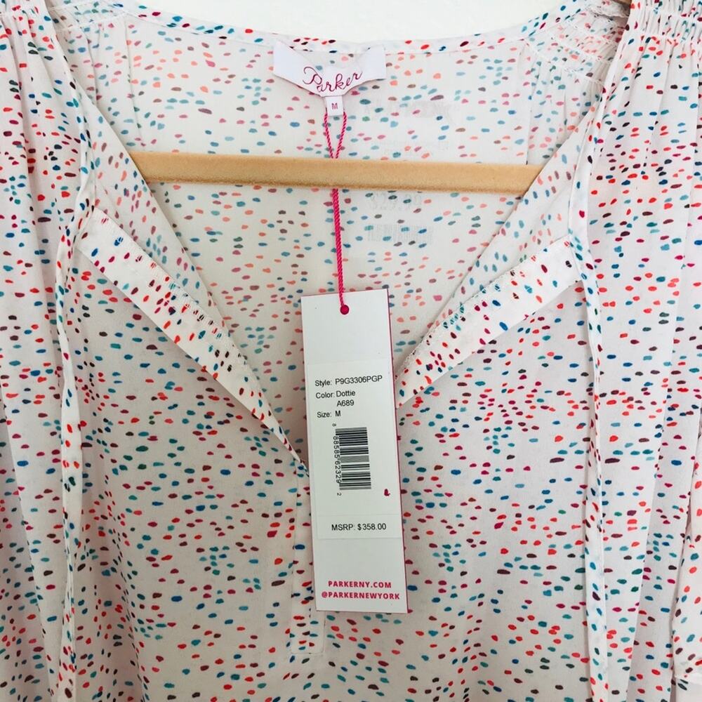 Parker New York Pink Dottie Print Silky Smocked Mini Dress Flutter Sleeve NWT - Picture 6 of 9